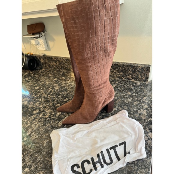 SCHUTZ Shoes - Schutz Mikki Up Block Brown Croc Suede Knee High Boots 10B S2207900120001U